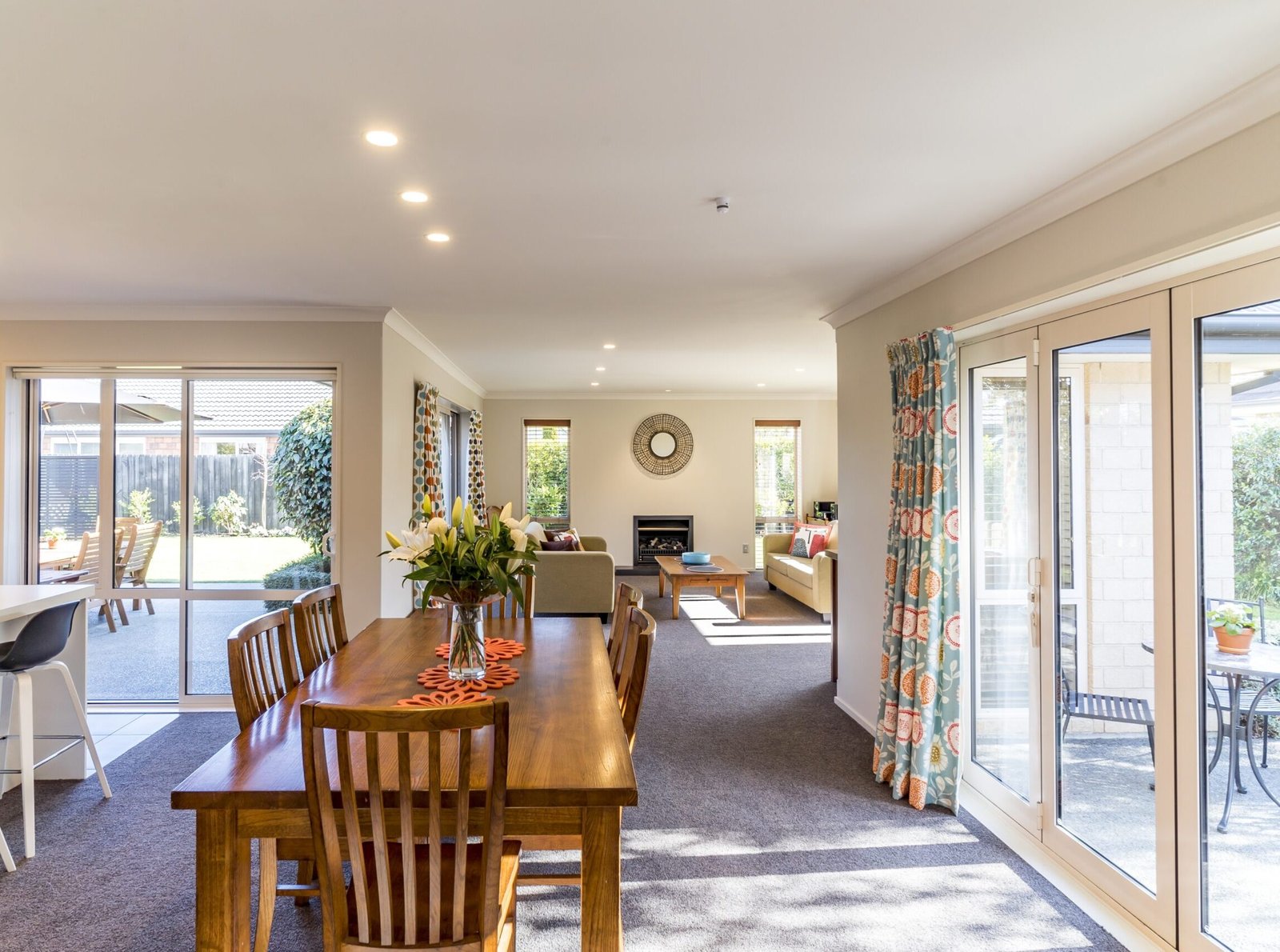 The interior with a bid dining room of a modern private house